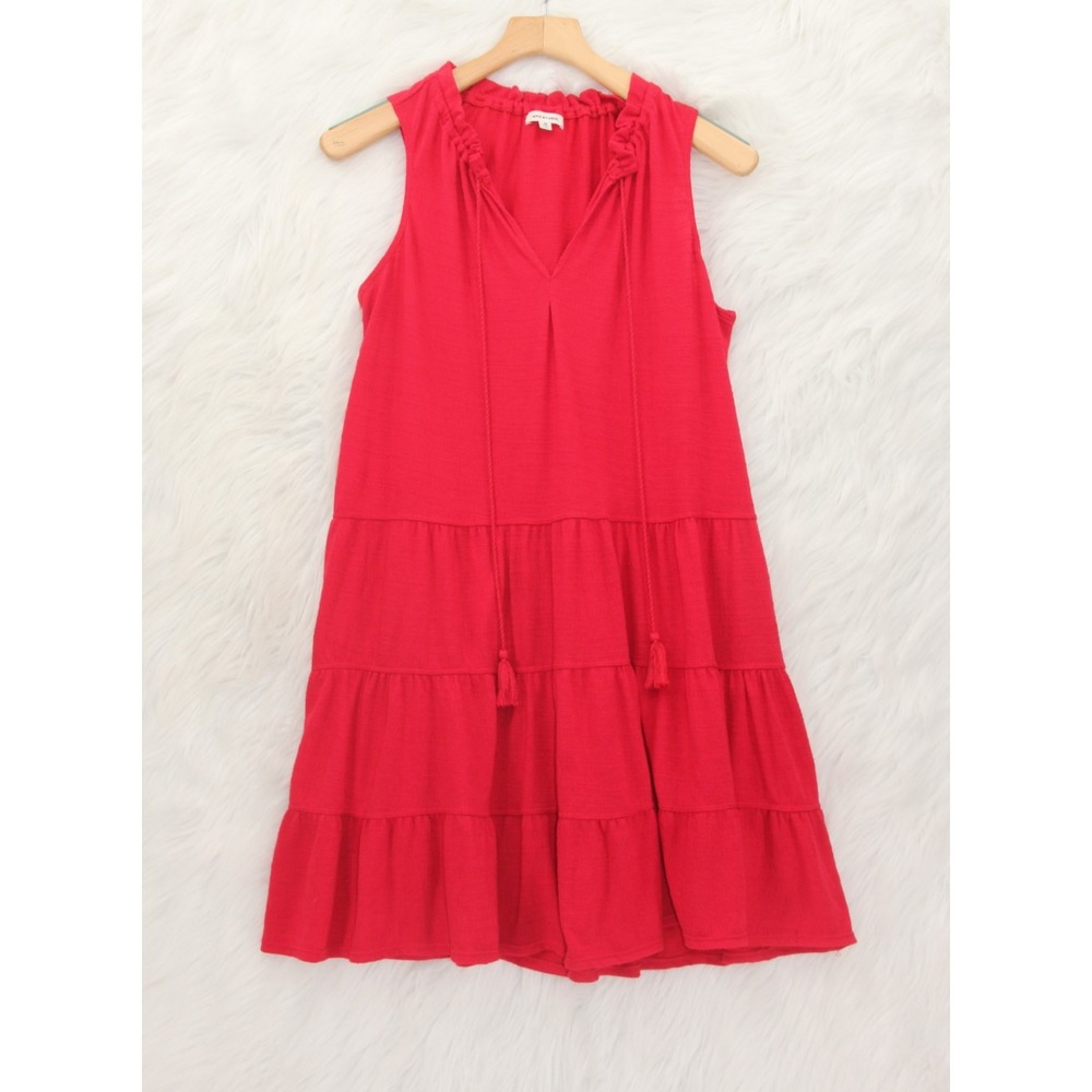 Max Studio M Red Tiered Babydoll Mini Dress Sleeveless Tassel Tie Boho Gauze - Picture 2 of 13